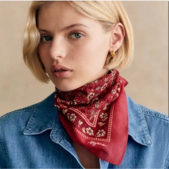 Sezane Red Floral Bandana Scarf - Picture 2 of 3